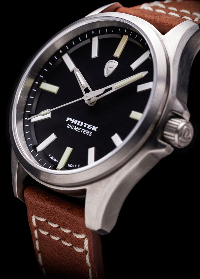 Protek Field Black Dial Tan Leather Watch